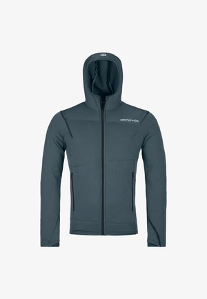 Dunkelgraue Kapuzenjacke mit durchgehendem Reißverschluss, langen Ärmeln und zwei mit Reißverschluss verschließbaren Fronttaschen, mit dem "ORTOVOX"-Logo auf der oberen linken Brust.