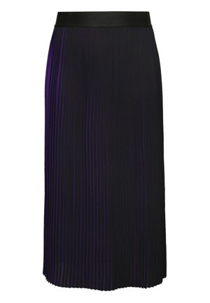 Falda midi plisada en negro con rayas moradas, con una cinturilla negra suave. Fabricada con un tejido ligero y una textura fluida.