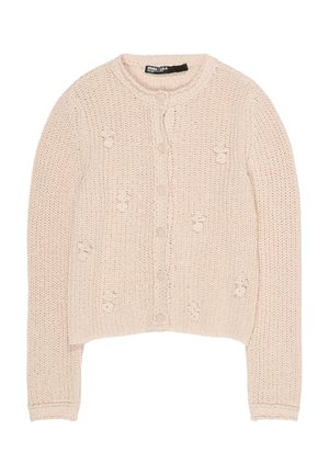 Cárdigan beige de punto con mangas largas, escote redondo, cierre de botones en la parte delantera y pequeños patrones florales texturizados en la parte delantera y las mangas.