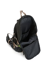 Sac à dos noir avec des sangles beige, comportant plusieurs compartiments et des détails en maille, conçu pour la capacité et l'organisation. Intérieur doublé de couleur sombre.