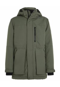 Veste d'hiver verte à capuche avec fermeture éclair devant, trois poches dont une poche poitrine verticale zippée, et manches longues avec poignets intérieurs.