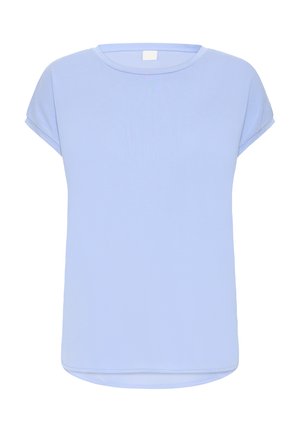 Camisa de manga corta azul claro con cuello redondo, tejido liso, ajuste relajado y dobladillo recto. Sin patrones o diseños visibles.