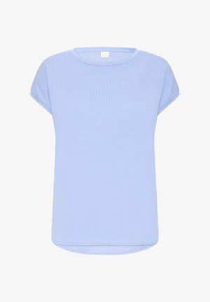 Camisa de manga corta azul claro con cuello redondo, tejido liso, ajuste relajado y dobladillo recto. Sin patrones o diseños visibles.