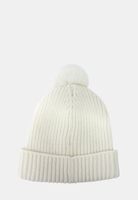 Beanie di maglia color off-white, con un design a coste, risvolto e un pompon rotondo in cima per un tocco di dettaglio. Tessuto morbido.