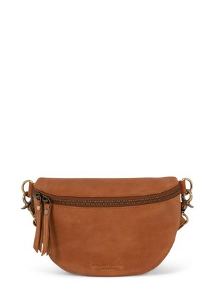 Tan leather crossbody bag with a rounded shape, top zipper closure, leather tassels, and brass hardware accents. Textured, smooth surface.