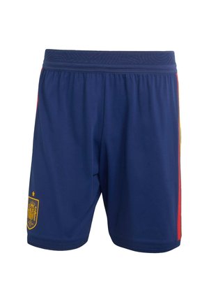 Granatowe sportowe szorty z elastycznym pasem, z czerwono-żółtymi paskami po bokach oraz złotym emblematem na dolnej lewej nodze.