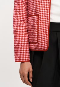 Μανίκι τζάκετ από κόκκινο και λευκό γκίνχαμ με ραμμένη τσέπη και κόκκινο περίγραμμα, φορεμένο πάνω από μαύρη φούστα και λευκό τοπ.