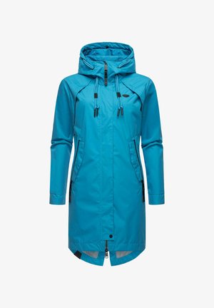 Blå vandtæt parka med lynlås foran, justerbar hætte og to sidelommer. Glat tekstur og en let forlænget design.