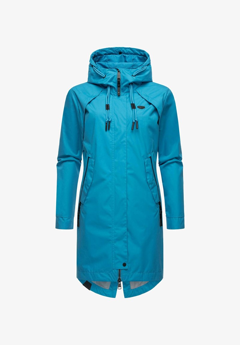 Niebieska wodoodporna parka z zamkiem błyskawicznym z przodu, regulowanym kapturem i dwiema bocznymi kieszeniami. Gładka tekstura i nieco wydłużony krój.