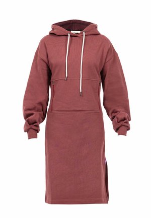 Bordeaux hoodie jurk van zacht fleece, met een buidelzak, ritszakken aan de zijkant en een capuchon met trekkoord. Lange, puffy mouwen.