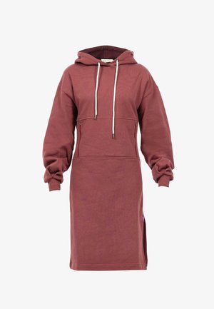 Maroon hoodie dress made of soft fleece, featuring a kangaroo pocket, zippered side pockets, and a drawstring hood. Long, puffy sleeves.