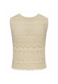 Top beige sin mangas tejido a crochet con bordes ondulados y patrones intrincados de encaje en filas horizontales.