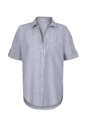Pruhovaná košile s krátkým rukávem v námořnické modré a bílé barvě s límečkem, zapínáním na knoflíky a náprsní kapsou. Měkká, strukturovaná látka s křivým lemem.