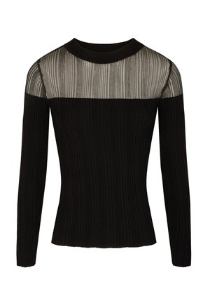Black ribbed long-sleeve top with a sheer striped panel across the shoulders. Fitted design with a subtle texture, round neckline.