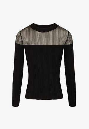 Top de manga larga negro con canalé, con un panel a rayas transparente a lo largo de los hombros. Diseño ajustado con una textura sutil y escote redondo.