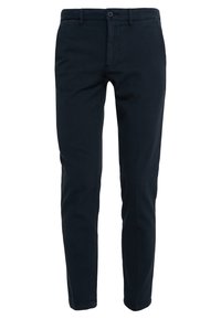 Námořnické modré bavlněné kalhoty s úzkým střihem, které mají zapínání na předním knoflíku, poutka na opasek a dvě boční kapsy. Hladká struktura tkaniny.