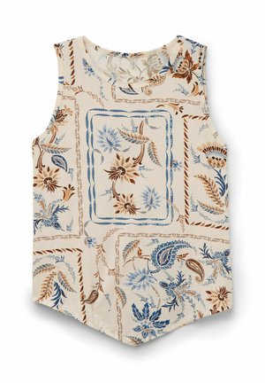 Ärmlös blus i krämfärgad tyg med blommönster och paisleymönster i blått och brunt. Rundad halsringning och asymmetrisk fålldesign.