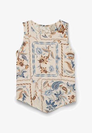 Mouwloze blouse van crèmekleurige stof met bloemen- en paisleypatronen in blauw en bruin. Rond decolleté en asymmetrisch zoomontwerp.