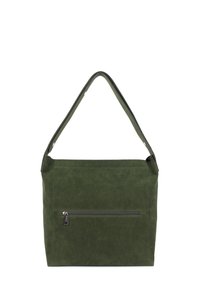 Sac à bandoulière en suede vert avec un grand compartiment principal et une poche zippée à l'avant. Il dispose d'une large sangle et de lignes simples et épurées.