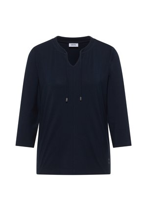 Chemisier pour femmes à manches longues bleu marine avec un col rond, une fente à l'avant et des liens à nouer, étiqueté "Cecil".