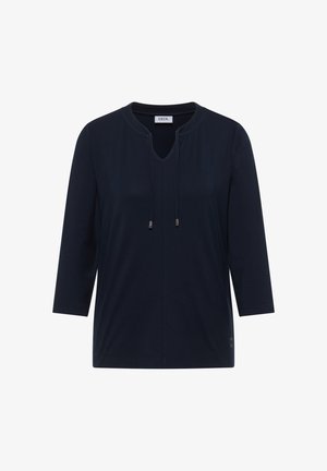 Chemisier pour femmes à manches longues bleu marine avec un col rond, une fente à l'avant et des liens à nouer, étiqueté "Cecil".