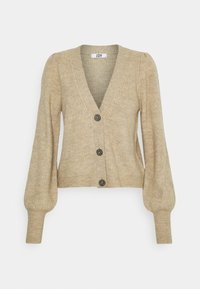 Beige geribde cardigan met een diepe V-hals, lange poffige mouwen, vijf knopen en subtiele textuur door de stof.