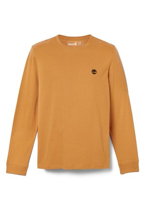 Mustardgele T-shirt met lange mouwen, gemaakt van katoen, met een ronde hals en een klein zwart logo op de borst. Zachte textuur en regular fit.