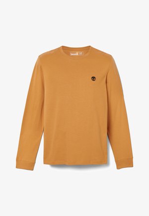 Long-sleeve mustard T-shirt made of cotton, featuring a round neck and a small black logo on the chest. Soft texture and regular fit.
