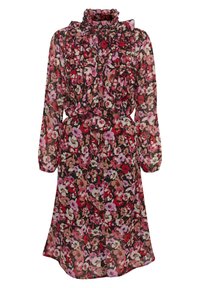 Kukkakuosisessa mekossa on läpinäkyvä kangas, röyhelökaulus, pitkät hihat ja kootut vyötärö, jossa on punaisen, vaaleanpunaisen ja mustan sävyjä.