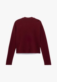 Burgunderfarbener Pullover mit langen Ärmeln, runder Halslinie und geradem Saum. Hergestellt aus einem glatten Strickmaterial mit einem sauberen Finish.