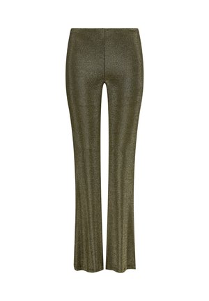 Hochbundige, ausgestellte Hose in dunkelolivgrün mit metallischem Glanz, aus einem dehnbaren Stoff für einen figurschmeichelnden Look.