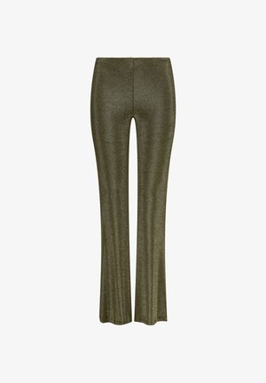 Hochbundige, ausgestellte Hose in dunkelolivgrün mit metallischem Glanz, aus einem dehnbaren Stoff für einen figurschmeichelnden Look.