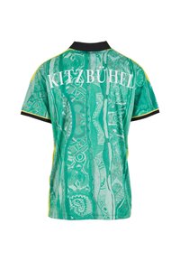 Grün und türkis gemustertes Kurzarmhemd mit schwarzem Kragen und "KITZBÜHEL" in Weiß über dem Rücken geschrieben.