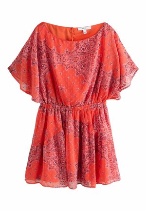 Robe courte orange avec motif cachemire violet, manches courtes larges, taille élastique et encolure ronde.