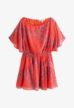 Orange kort kjole med lilla paisleymønster, løse korte ærmer, elastisk talje og rund halsudskæring.