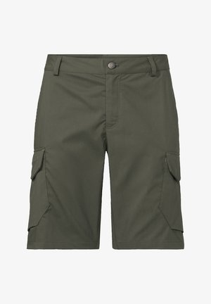 Olívazöld katonai sortok tartós anyagból, két oldalsó zsebbel, gombos záródással és varrott részletekkel.