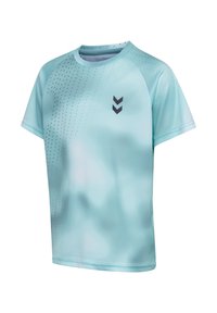 Light blue short-sleeve sports shirt with small black dotted diagonal pattern and two black chevron logos on chest, crew neckline.