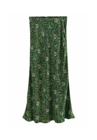 Jupe verte à fleurs avec un motif de feuilles et de fleurs en rouge et bleu, fabriquée en tissu léger avec une silhouette fluide.