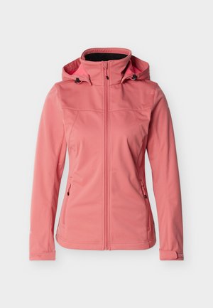Rózsaszín női softshell dzseki kapucnival, teljes elülső cipzárral, cipzáras oldalzsebekkel és állítható csuklópántokkal.