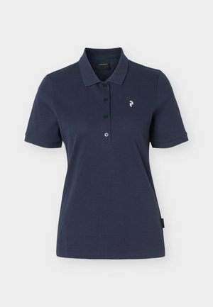 Navy blue short-sleeve polo shirt with three buttons and small white logo on the left chest against a plain background.