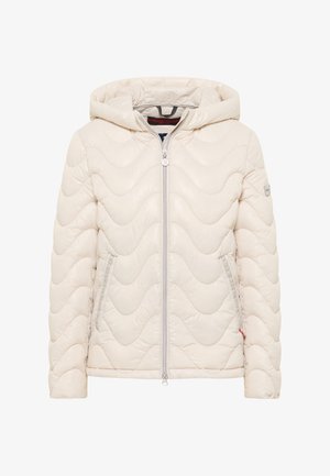 Gepolsterte cremefarbene Pufferjacke mit Kapuze, die eine wellenförmige Textur aufweist, mit Reißverschlussverschluss vorne und seitlichen Taschen.