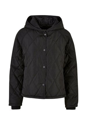 Schwarze gesteppte Jacke mit Kapuze, Druckknopfverschluss und gerippten Bündchen, für Wärme und lässiges Tragen konzipiert.