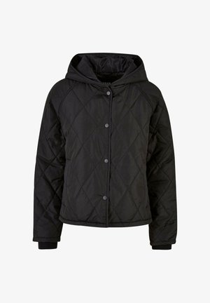 Crna prošivana jakna s kapuljačom, kopčanjem na čičak i rebrastim manšetama, dizajnirana za toplinu i ležerno nošenje.