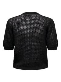 Haut en maille noir à manches courtes avec motif en maille ajourée, col rond, poignets et bas côtelés, vu de dos sur fond blanc.
