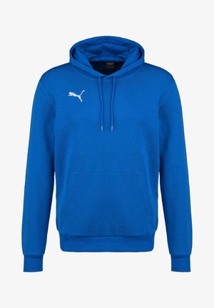 Haut à capuche bleu en mélange de coton, doté d'une poche kangourou, d'une capuche avec cordon de serrage et d'un logo Puma blanc sur la poitrine gauche.