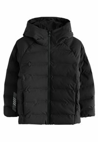 Doudoune noire avec capuche, présentant une fermeture �éclair sur le devant, un design matelassé et des accents réfléchissants discrets sur une manche.