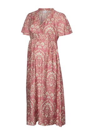 Ružové tehotenské zavinovacie šaty s bielym kvetinovým damaskovým vzorom, krátkymi rukávmi a bočným viazaním v páse.