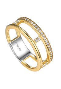 Gold and silver dual-band ring with a row of small diamonds set along one band and open rectangular design.