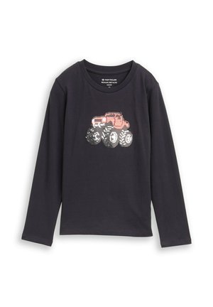 Zwarte katoenen shirt met lange mouwen, voorzien van een grafisch ontwerp van een monstertruck in rode en zilveren sequins aan de voorkant. Eenvoudig design met ronde hals.
