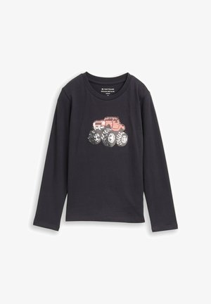 Zwarte katoenen shirt met lange mouwen, voorzien van een grafisch ontwerp van een monstertruck in rode en zilveren sequins aan de voorkant. Eenvoudig design met ronde hals.